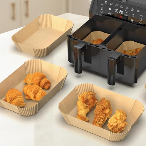 Tan disposable paper air fryer liners with pastries, ridged trays for dual baskets