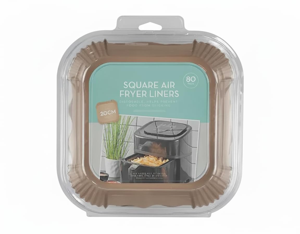 Packaged square air fryer paper liners in clear blister with cardboard backing