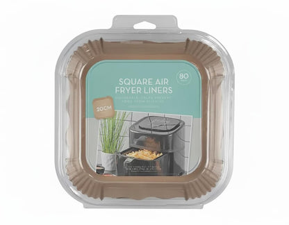 Packaged square air fryer paper liners in clear blister with cardboard backing