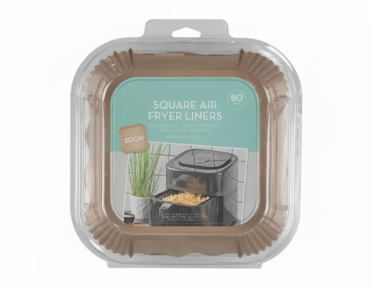 Packaged square air fryer paper liners in clear blister with cardboard backing