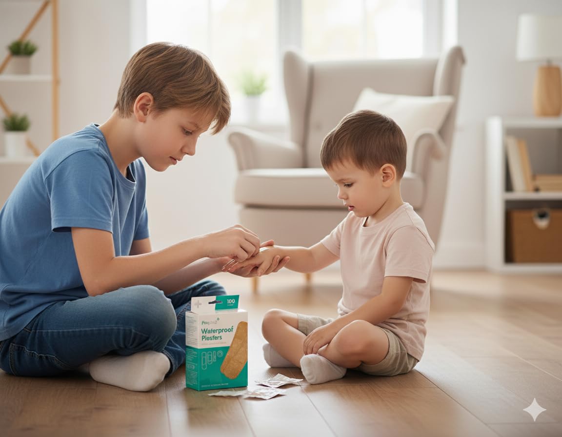 Waterproof plaster box and two adhesive plasters on children’s hands.