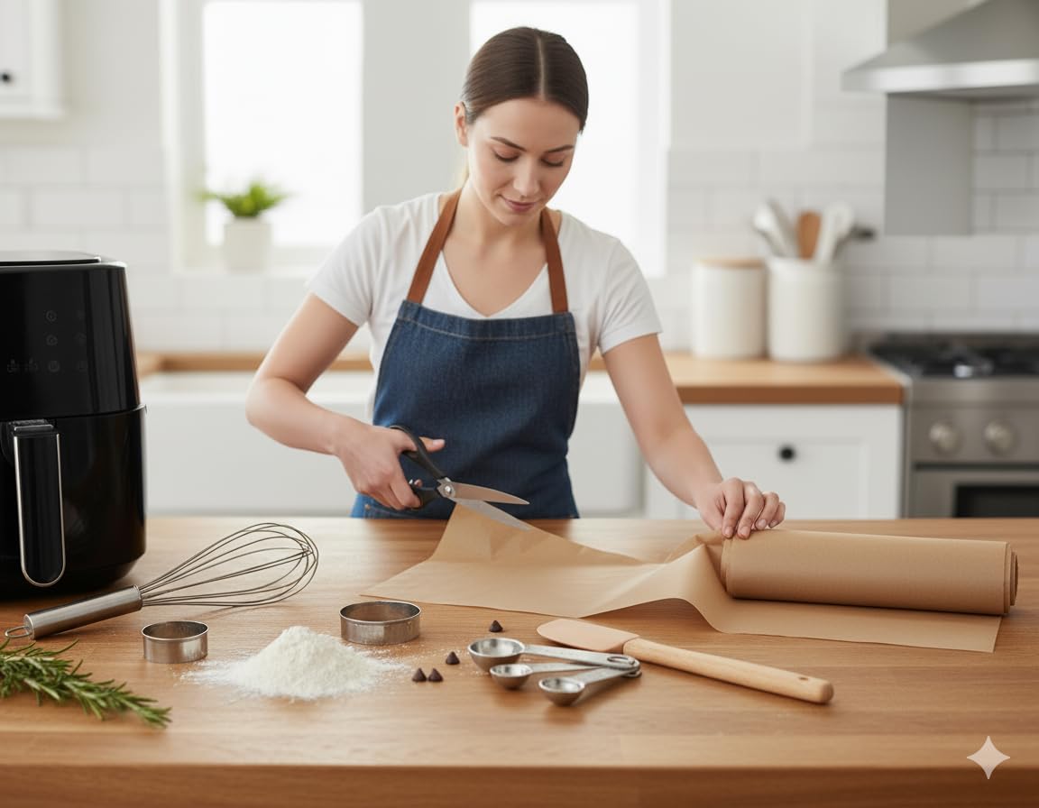 Parchment air fryer liner sheet rolled out on a counter beside an air fryer