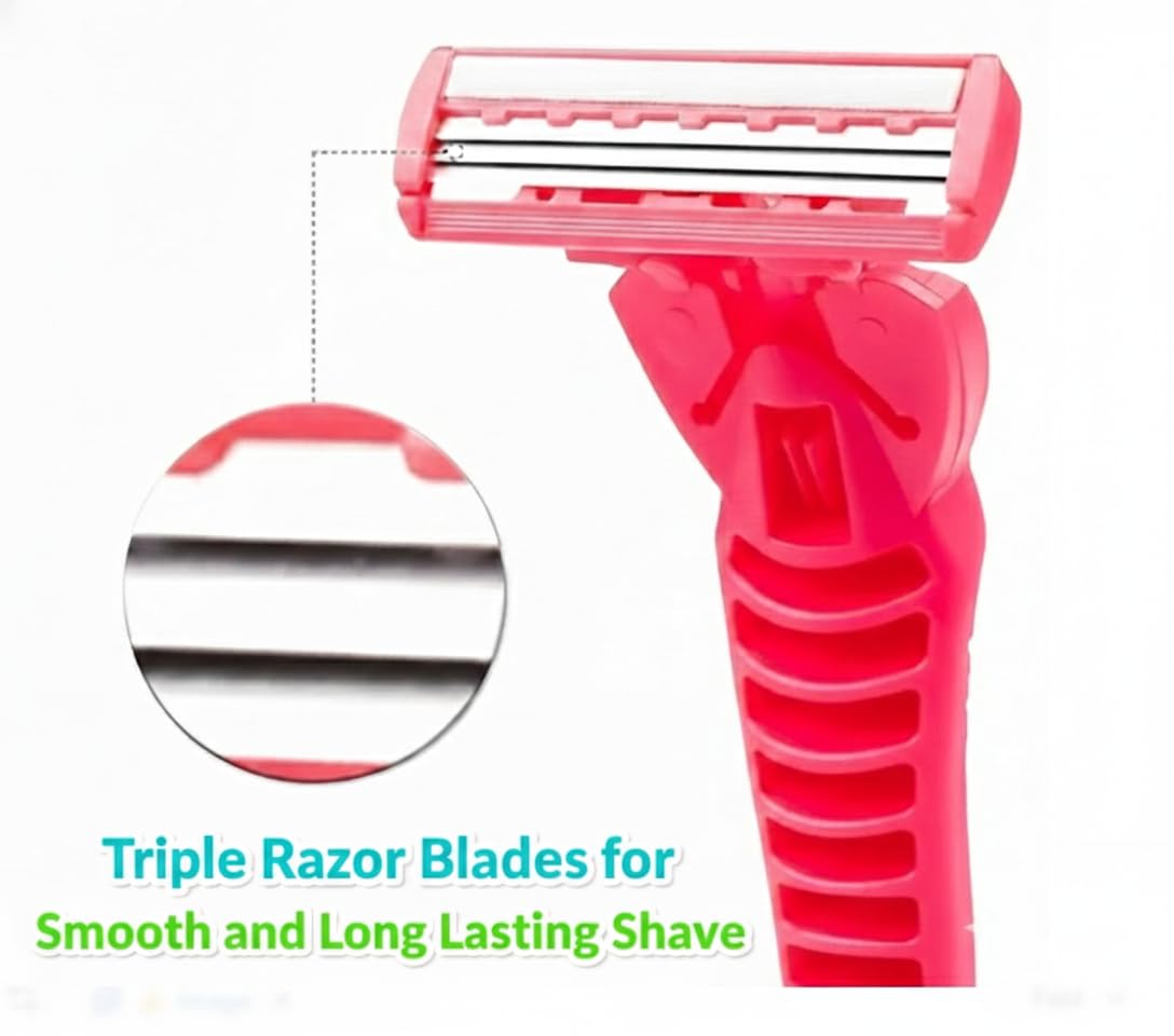 Disposable razor head with three blades and pink pivot handle