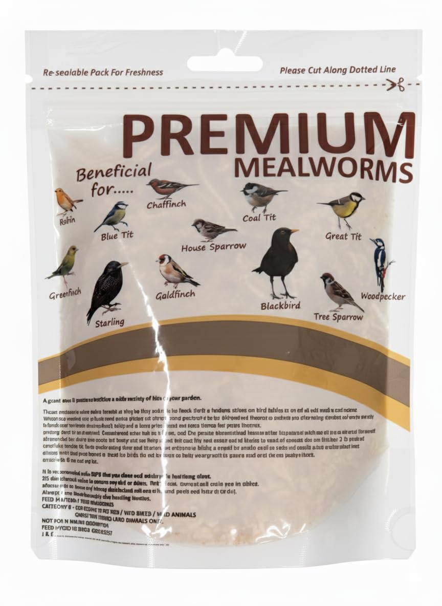 Premium Mealworms dried mealworms bag with bird graphics and label text