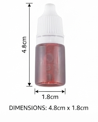 Mini fake blood bottle with squeeze cap, 4.8cm x 1.8cm dimensions