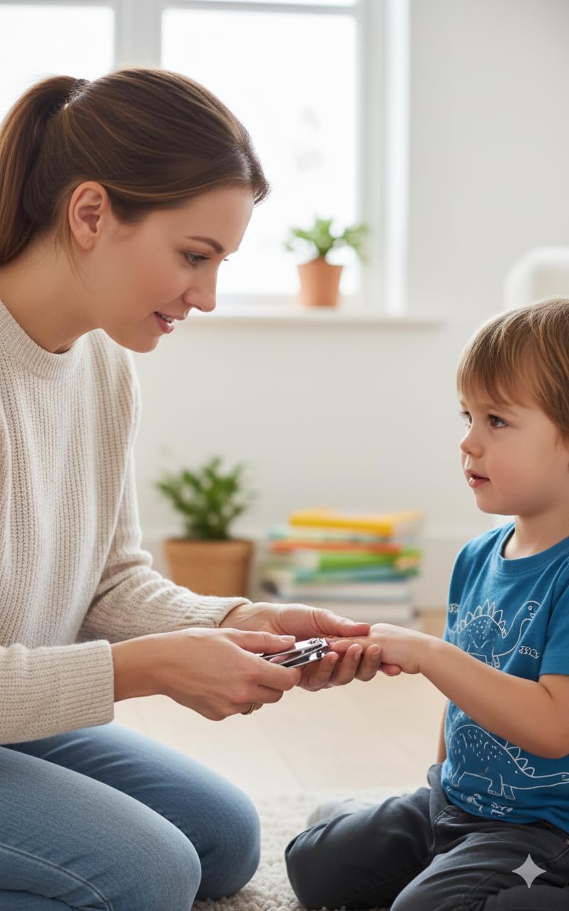 Nail clippers trimming a child's fingernails during home manicure