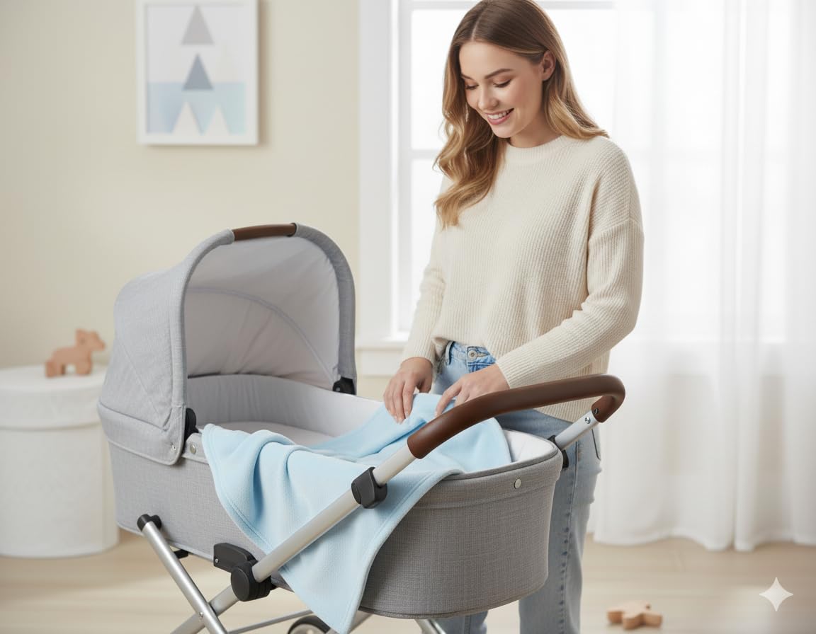 Light blue fleece baby blanket laid in a stroller seat, smooth plush finish.