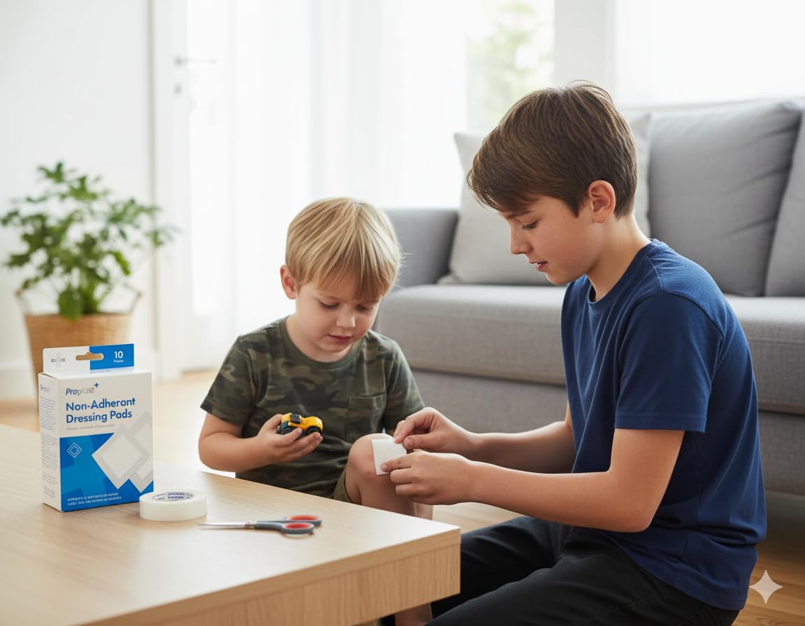 Non-adherent dressing pads box on table as children handle pads