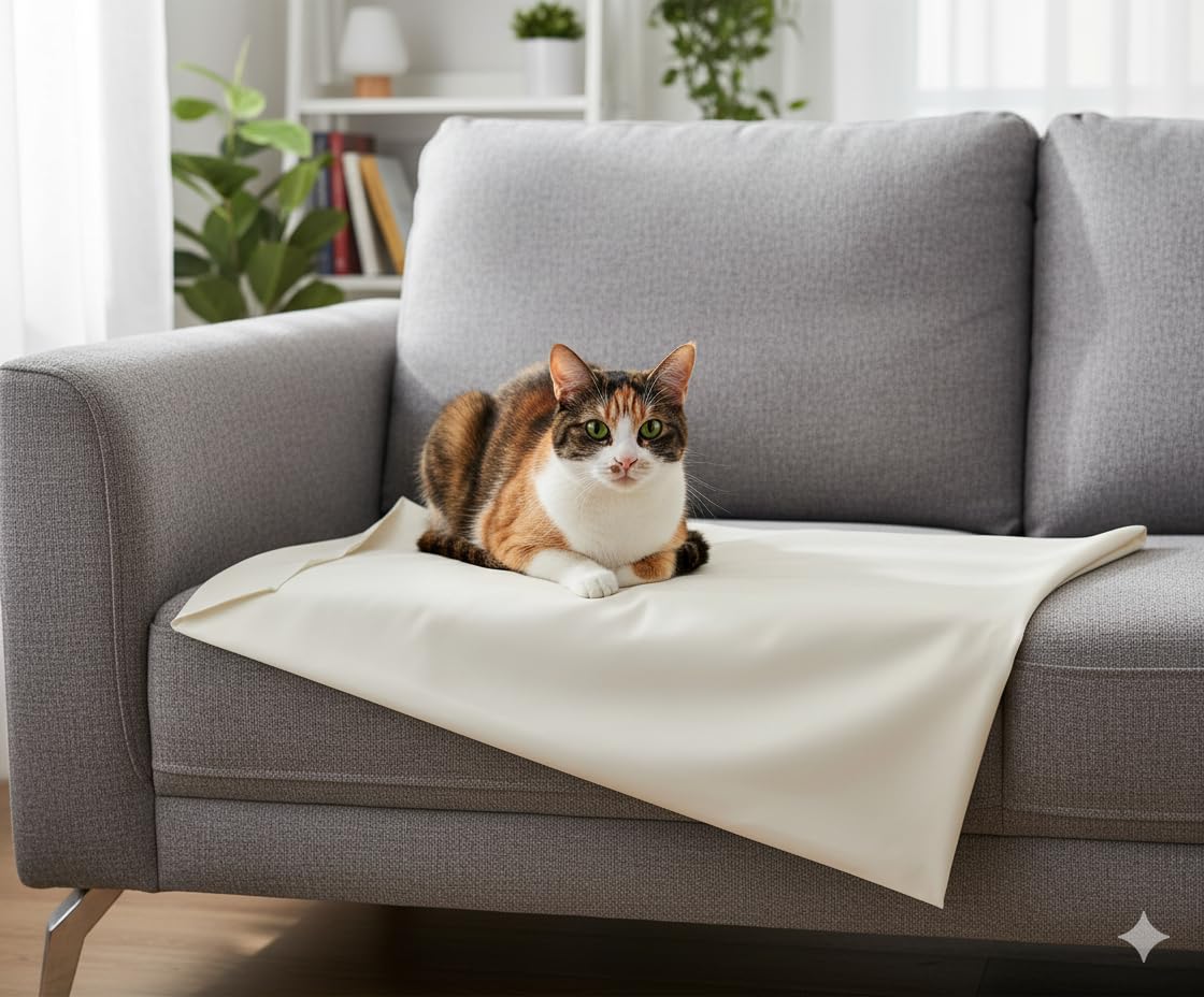 Single mattress cover sheet on gray sofa armrest with cat and white cover