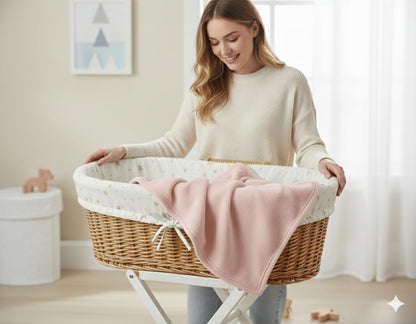 Pink fleece baby blanket draped over an adult’s arm