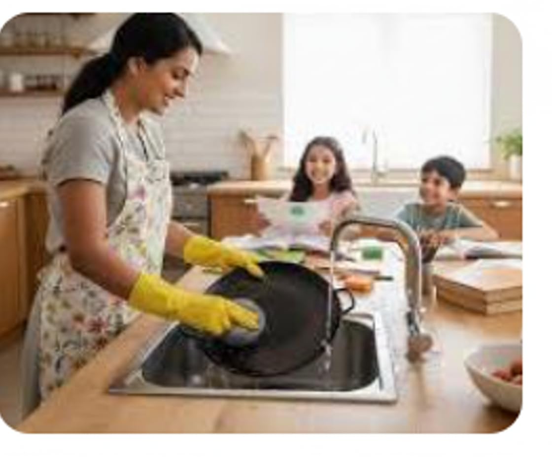 Stainless steel scouring pad scrubbing a frying pan, shown with gloved hands.