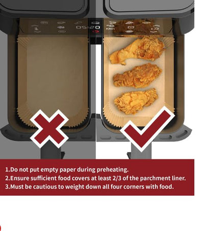 Air fryer liners in baskets: tan paper covering food area vs less-covered liner