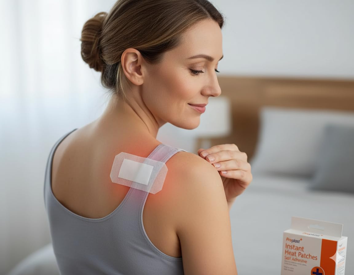 Self-adhesive instant heat shoulder patch on woman’s upper arm