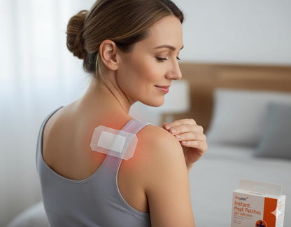 Self-adhesive instant heat shoulder patch on woman’s upper arm
