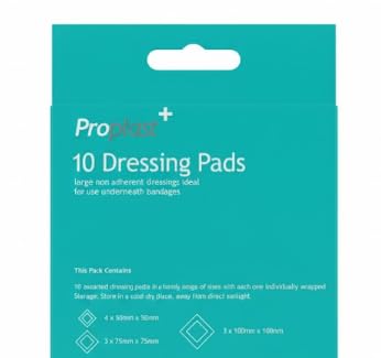 Dressing pads box back card, teal with pad size and quantity details