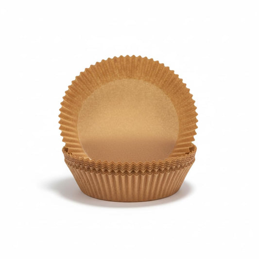 Round light-brown paper air fryer liner with ribbed sides