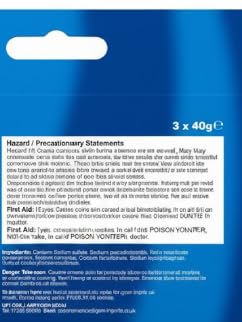 Back of blue drain unblocker box with hazard and precaution text