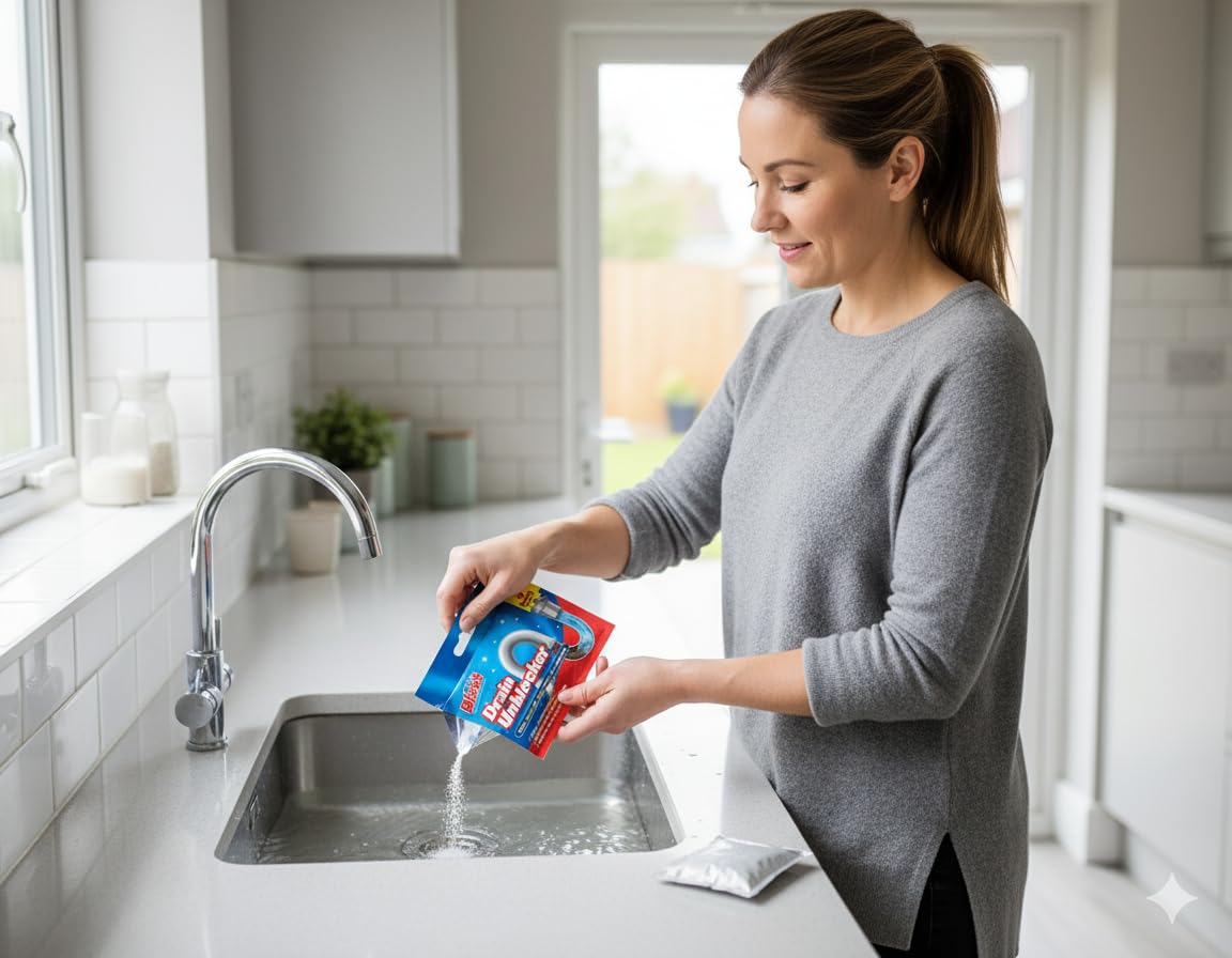 Woman holding blue drain unblocker box beside kitchen sink