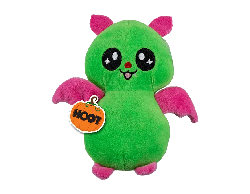 Green Halloween bat plush with big eyes, pink wings, stuffed 15 cm