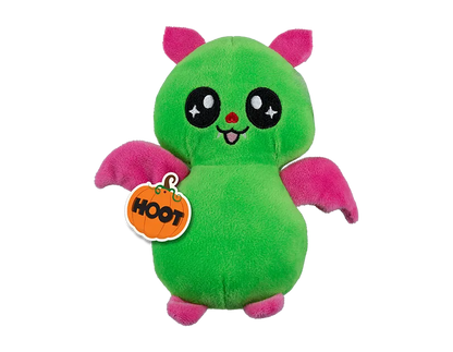 Green Halloween bat plush with big eyes, pink wings, stuffed 15 cm
