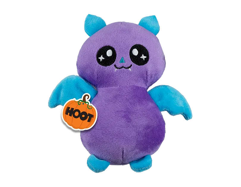 Purple Halloween bat plush with big eyes, blue wings, stuffed 15 cm