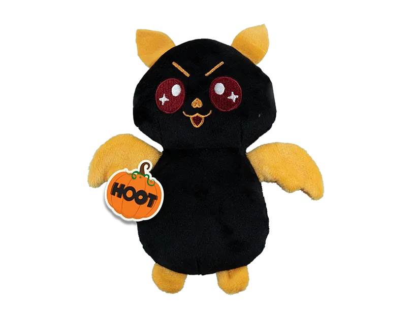 Black Halloween bat plush with red eyes and yellow wings, stuffed 15 cm