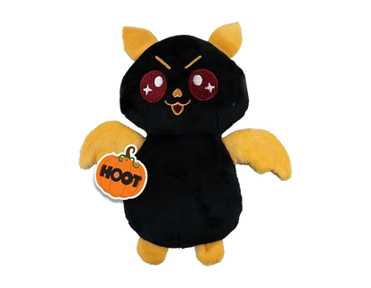 Black Halloween bat plush with red eyes and yellow wings, stuffed 15 cm