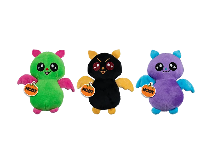 Assorted Halloween bat plush set: green, black, and purple with cartoon faces