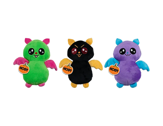 Assorted Halloween bat plush set: green, black, and purple with cartoon faces