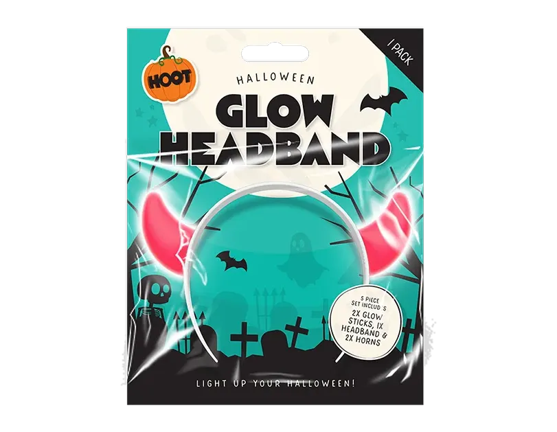 Glow headband kit package with pink devil horns and Halloween glow accessories (1 pack)
