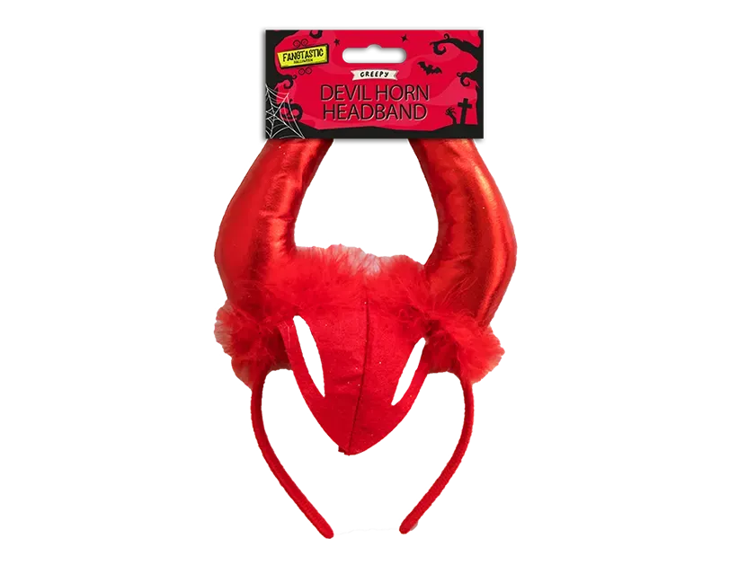 Red devil horn headband with fuzzy horn tips and black accent panel