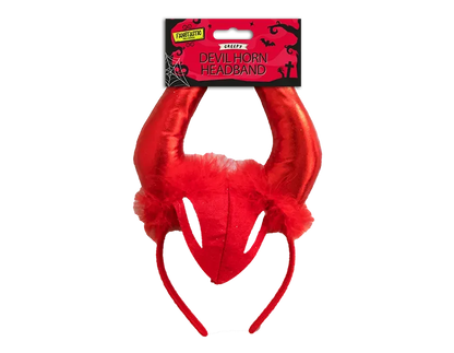 Red devil horn headband with fuzzy horn tips and black accent panel