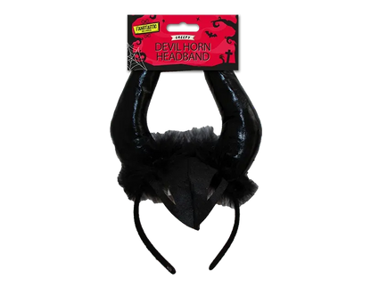 Black devil horn headband with fuzzy horn tips and black strap