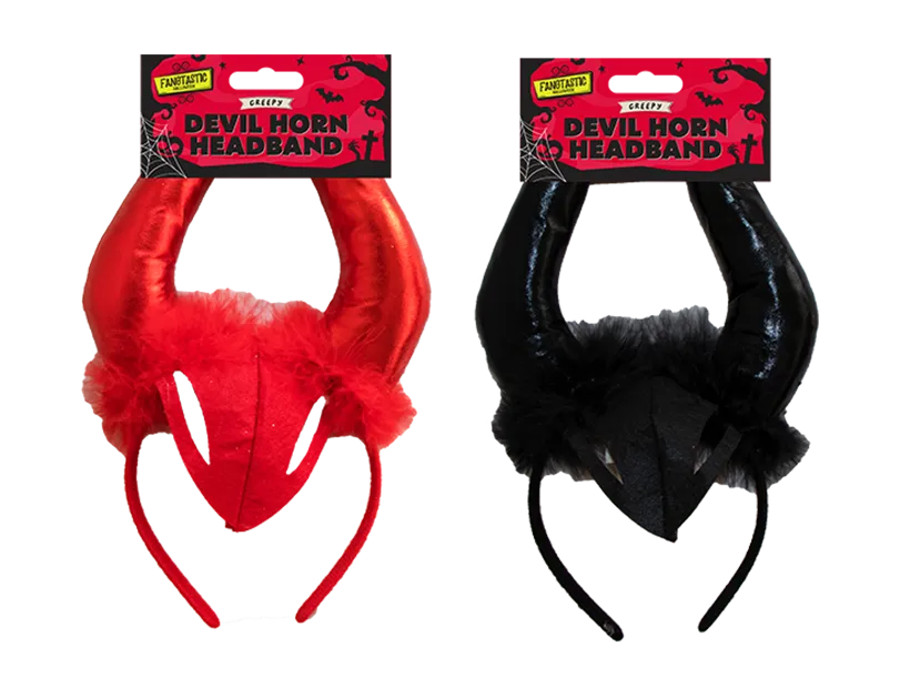 Red devil horn headband with black center panel and fuzzy horn tips