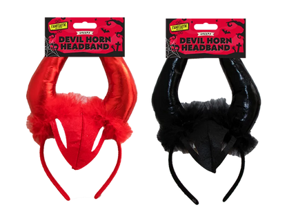 Red devil horn headband with black center panel and fuzzy horn tips