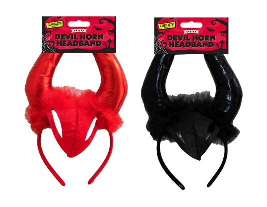 Red devil horn headband with black center panel and fuzzy horn tips