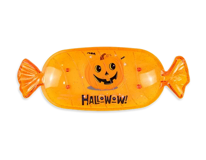 Orange fish-shaped Halloween candy serving tray with smiling jack-o-lantern and Halloween text