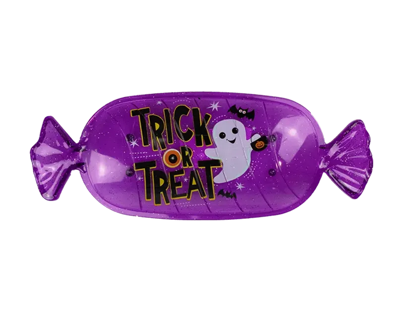 Purple fish-shaped Halloween candy serving tray with Trick or Treat text and ghost