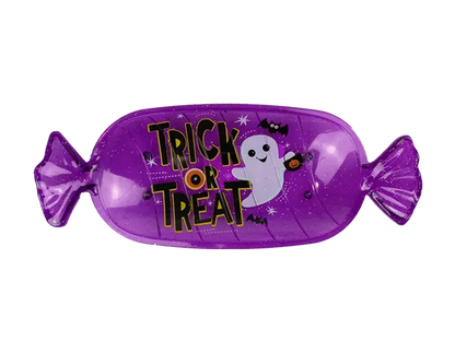Purple fish-shaped Halloween candy serving tray with Trick or Treat text and ghost
