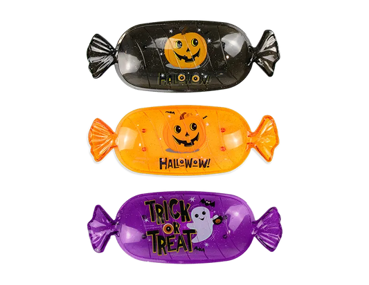 Black fish-shaped Halloween candy serving tray with jack-o-lantern face and Halloween text