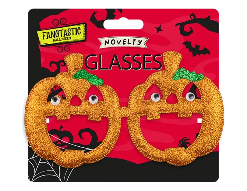 Glitter pumpkin Halloween glasses with two jack-o'-lantern faces, green stems
