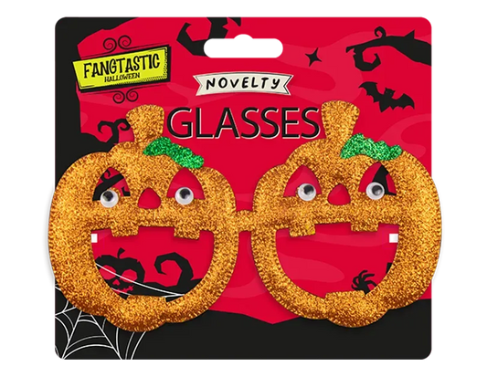 Glitter pumpkin Halloween glasses with two jack-o'-lantern faces, green stems