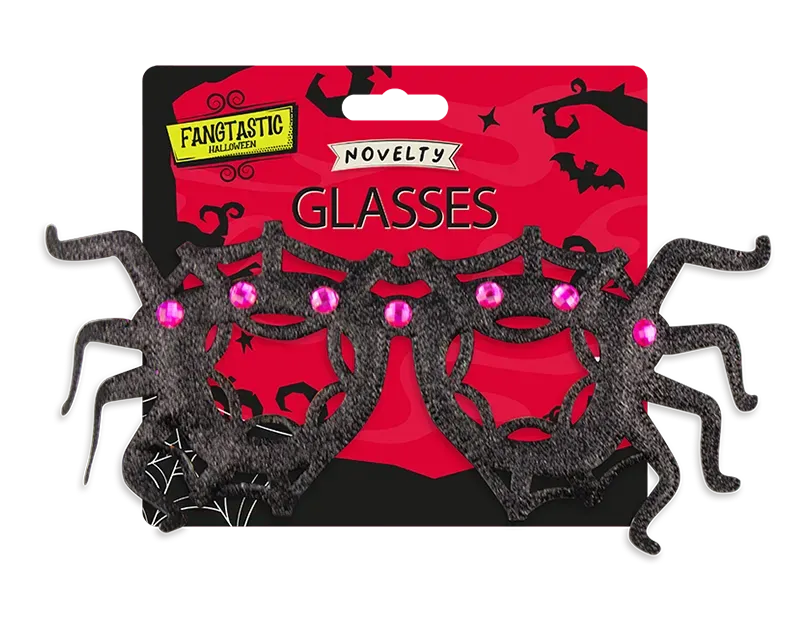 Halloween spider web novelty glasses package with black frame and pink gem details