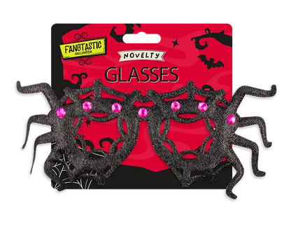 Halloween spider web novelty glasses package with black frame and pink gem details