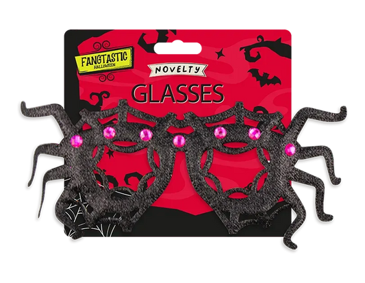 Halloween spider web novelty glasses package with black frame and pink gem details