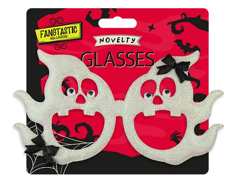 Halloween novelty glasses package featuring glitter ghost eyeglasses with black bows
