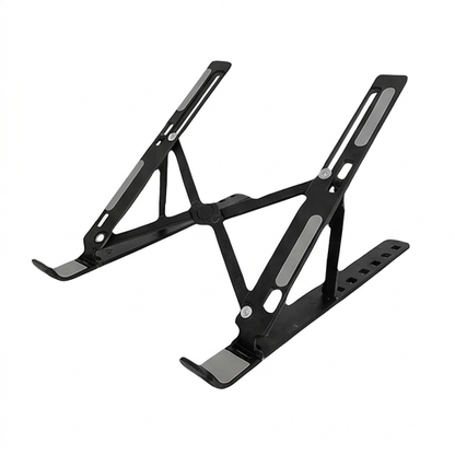 Black adjustable folding laptop stand with anti-slip pads and support rails