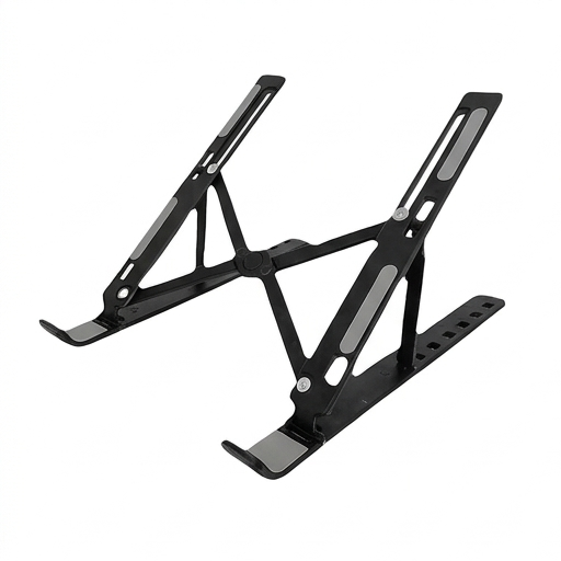 Black adjustable folding laptop stand with anti-slip pads and support rails