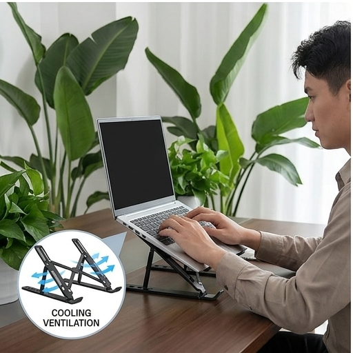 Black portable adjustable laptop stand supporting a laptop on a desk