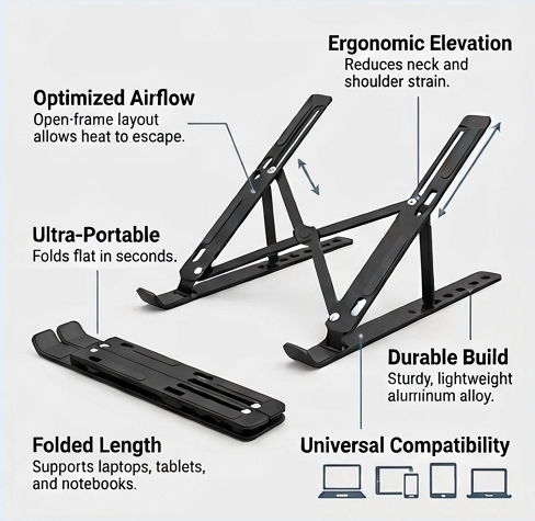 Black ergonomic laptop stand showing adjustable height and stable open-frame base